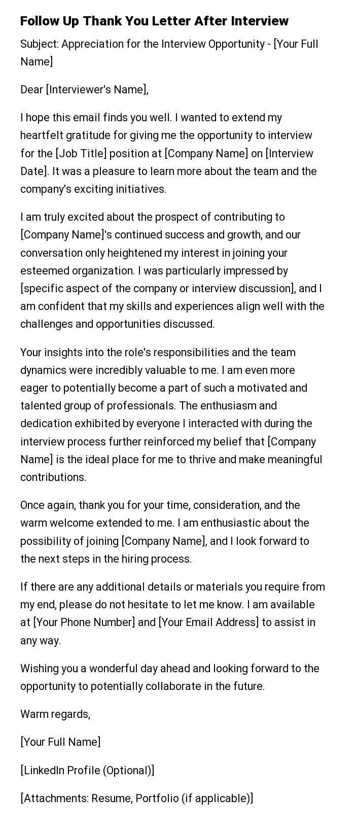 Follow Up Thank You Letter After Interview