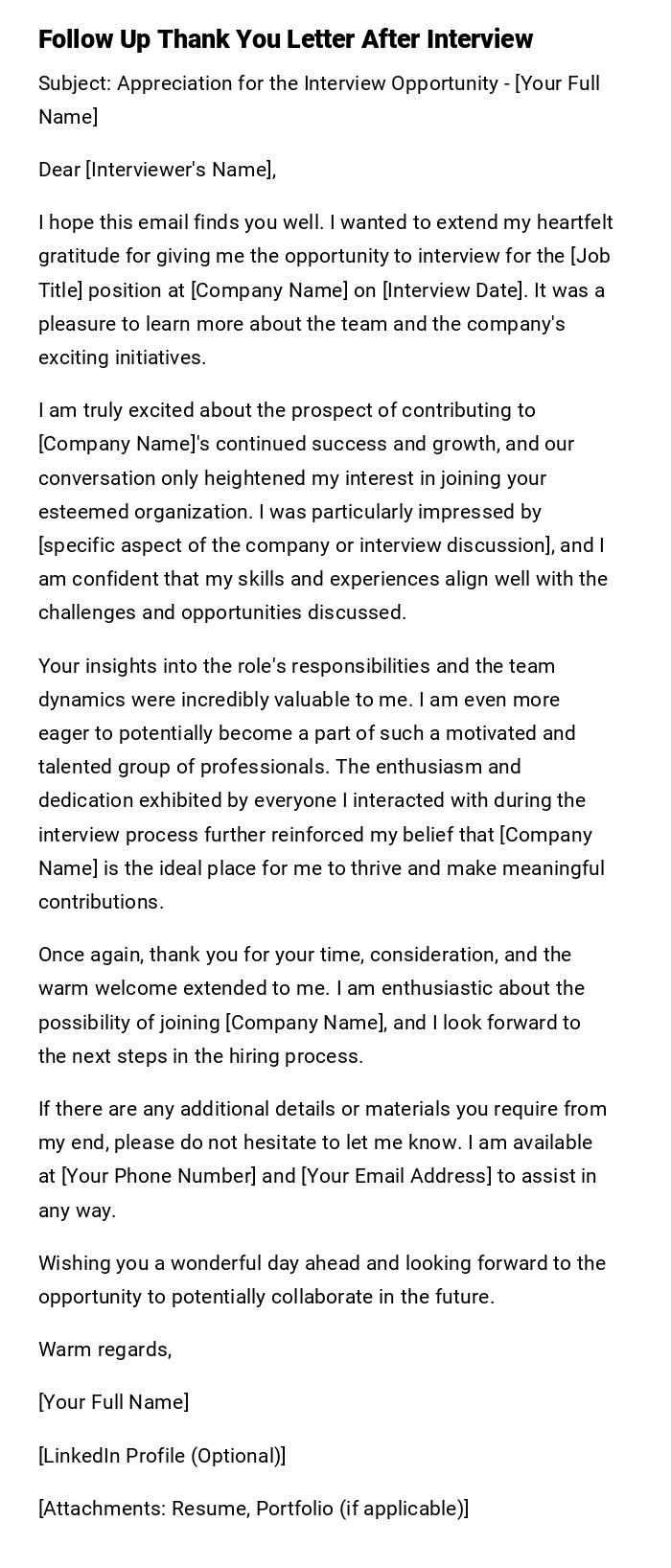 Follow Up Thank You Letter After Interview