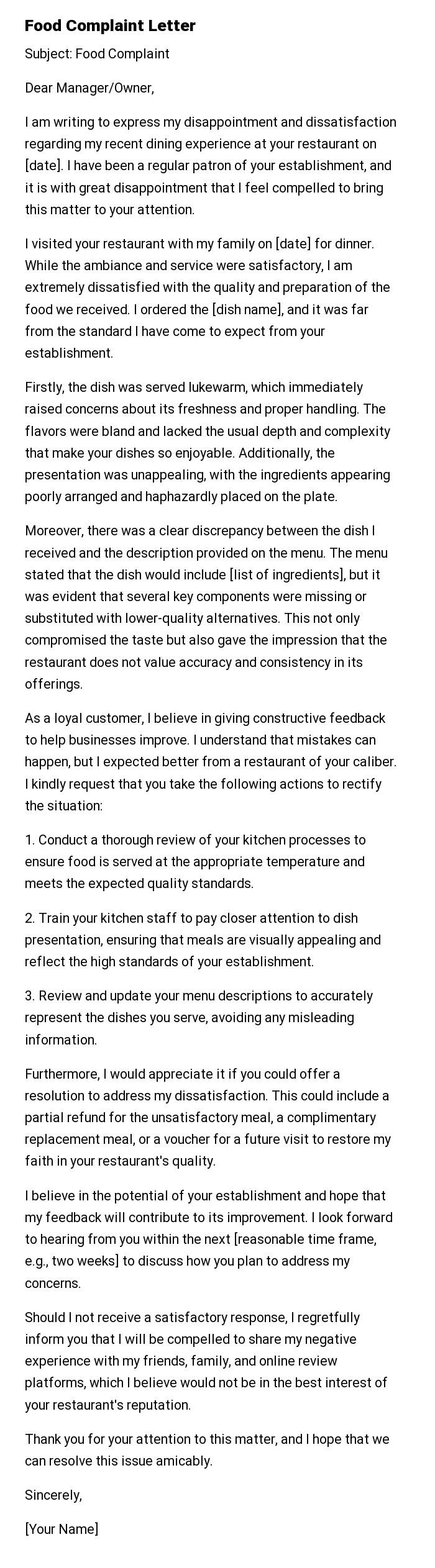 Food Complaint Letter