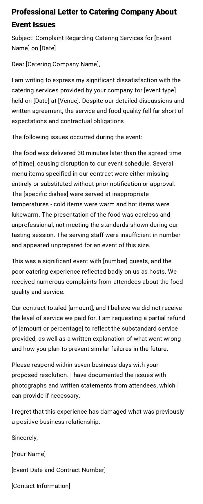 Professional Letter to Catering Company About Event Issues