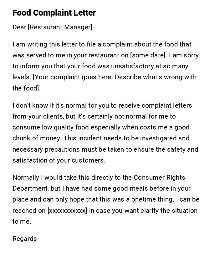 Food Complaint Letter