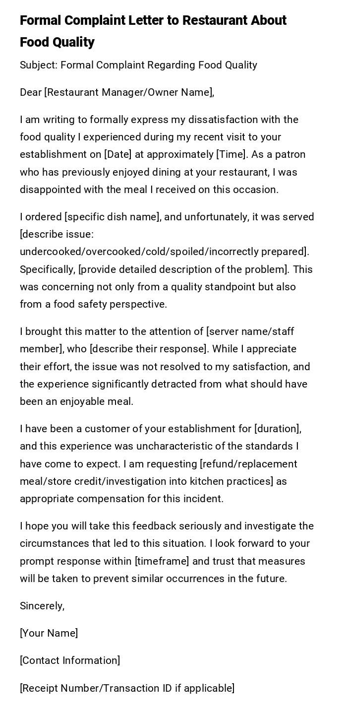 Formal Complaint Letter to Restaurant About Food Quality