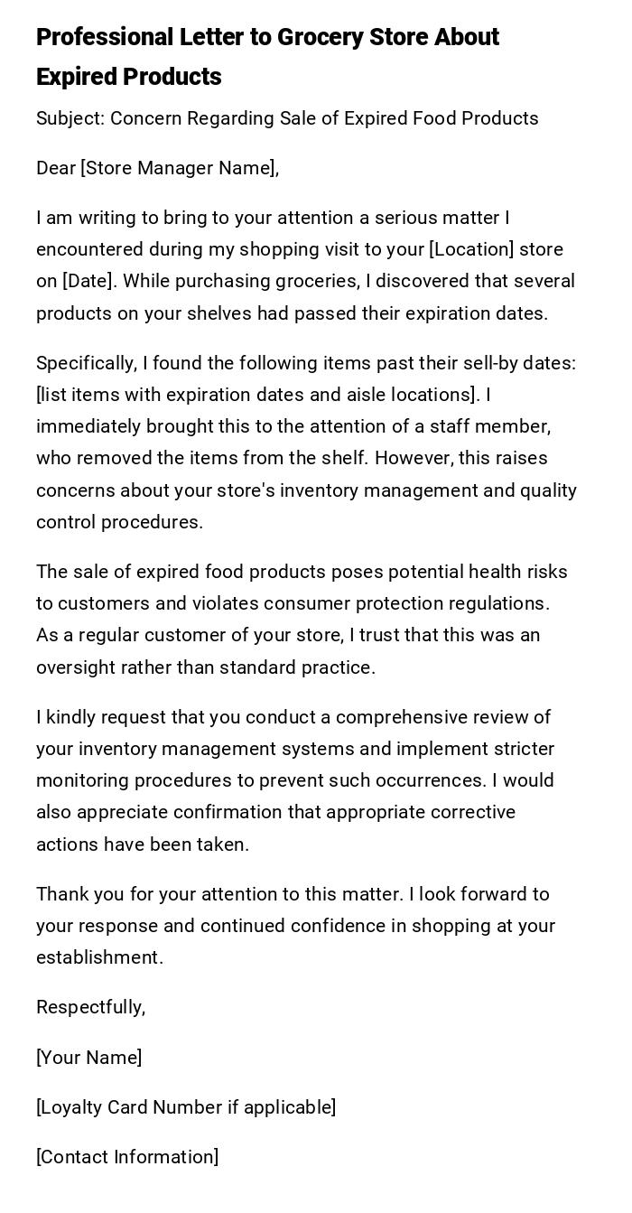 Professional Letter to Grocery Store About Expired Products