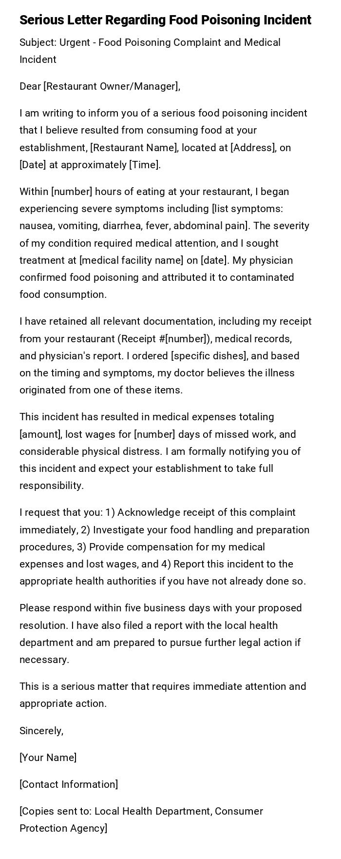 Serious Letter Regarding Food Poisoning Incident