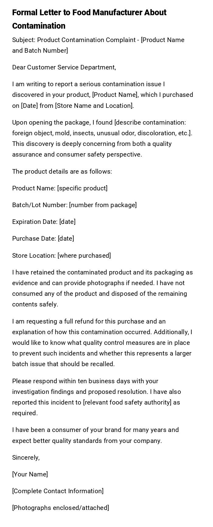 Formal Letter to Food Manufacturer About Contamination