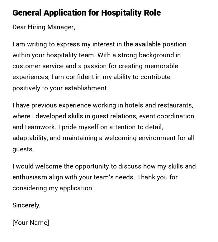 General Application for Hospitality Role General Application for Hospitality Role