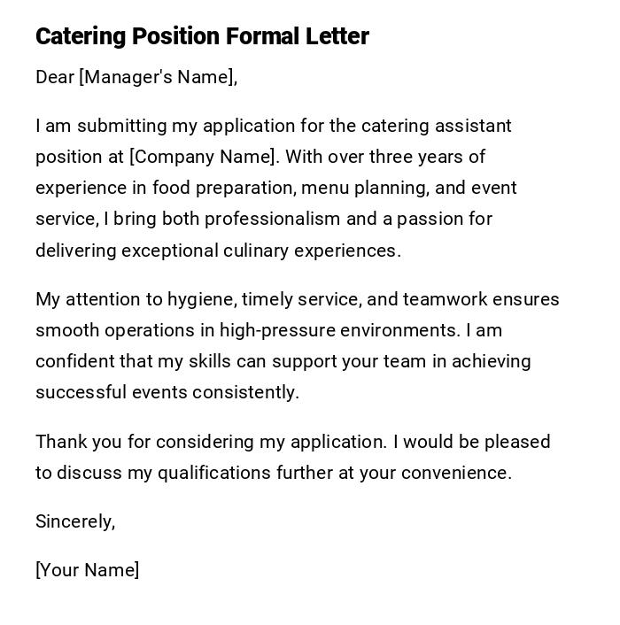 Catering Position Formal Letter Catering Position Formal Letter