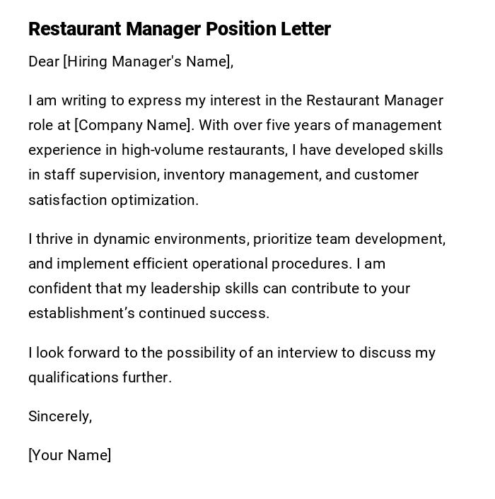 Restaurant Manager Position Letter Restaurant Manager Position Letter
