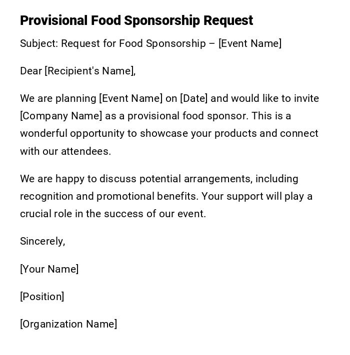 Provisional Food Sponsorship Request Provisional Food Sponsorship Request