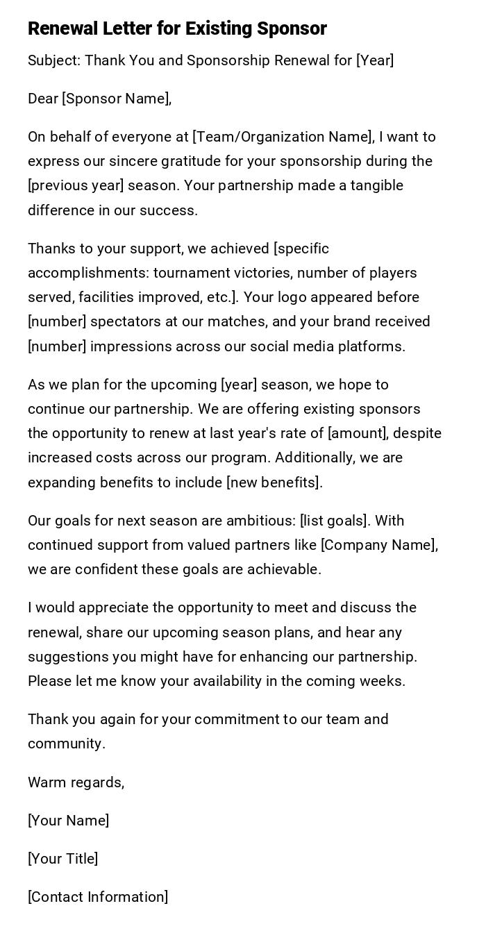 Renewal Letter for Existing Sponsor Renewal Letter for Existing Sponsor