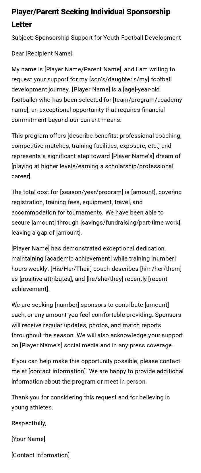 Player/Parent Seeking Individual Sponsorship Letter Player/Parent Seeking Individual Sponsorship Letter