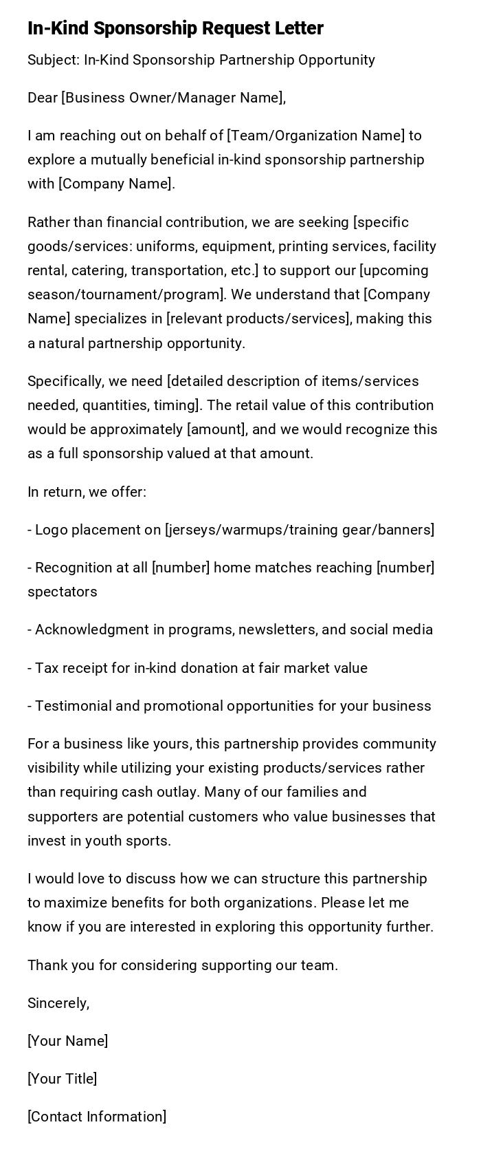 In-Kind Sponsorship Request Letter In-Kind Sponsorship Request Letter