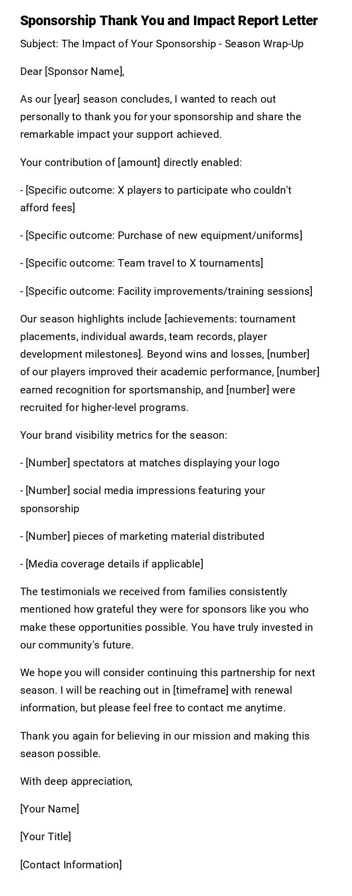 Sponsorship Thank You and Impact Report Letter Sponsorship Thank You and Impact Report Letter