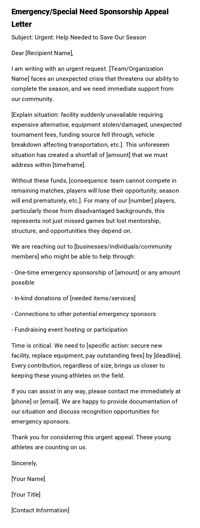 Emergency/Special Need Sponsorship Appeal Letter Emergency/Special Need Sponsorship Appeal Letter
