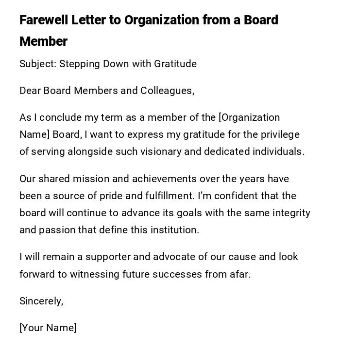 Farewell Letter to Organization from a Board Member Farewell Letter to Organization from a Board Member