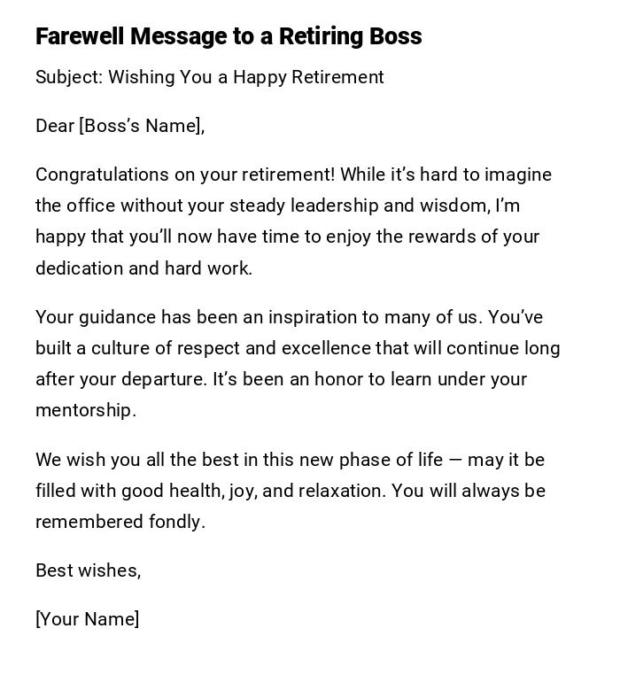 Farewell Message to a Retiring Boss Farewell Message to a Retiring Boss