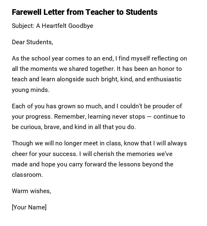 Farewell Letter from Teacher to Students Farewell Letter from Teacher to Students
