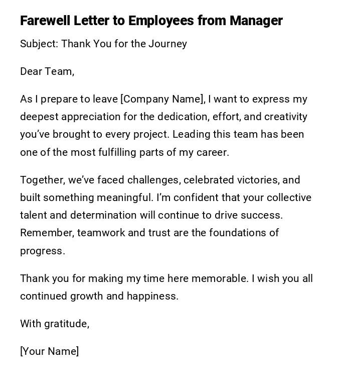 Farewell Letter to Employees from Manager Farewell Letter to Employees from Manager