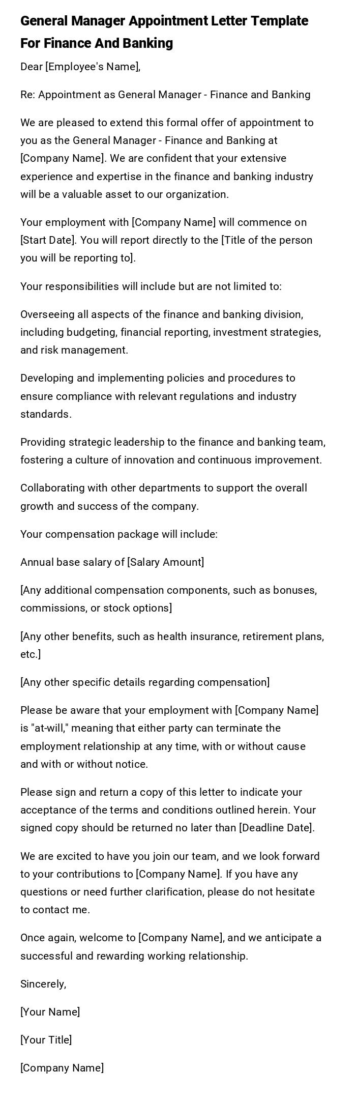 General Manager Appointment Letter Template For Finance And Banking