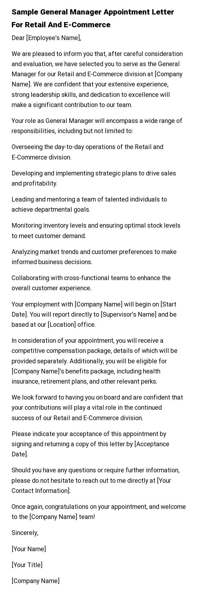 Sample General Manager Appointment Letter For Retail And E-Commerce