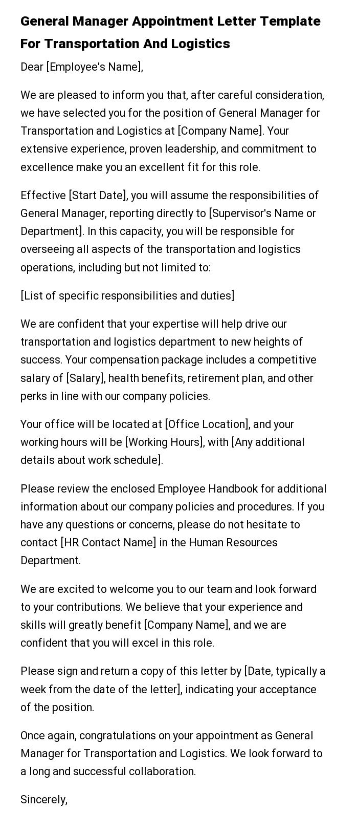 General Manager Appointment Letter Template For Transportation And Logistics