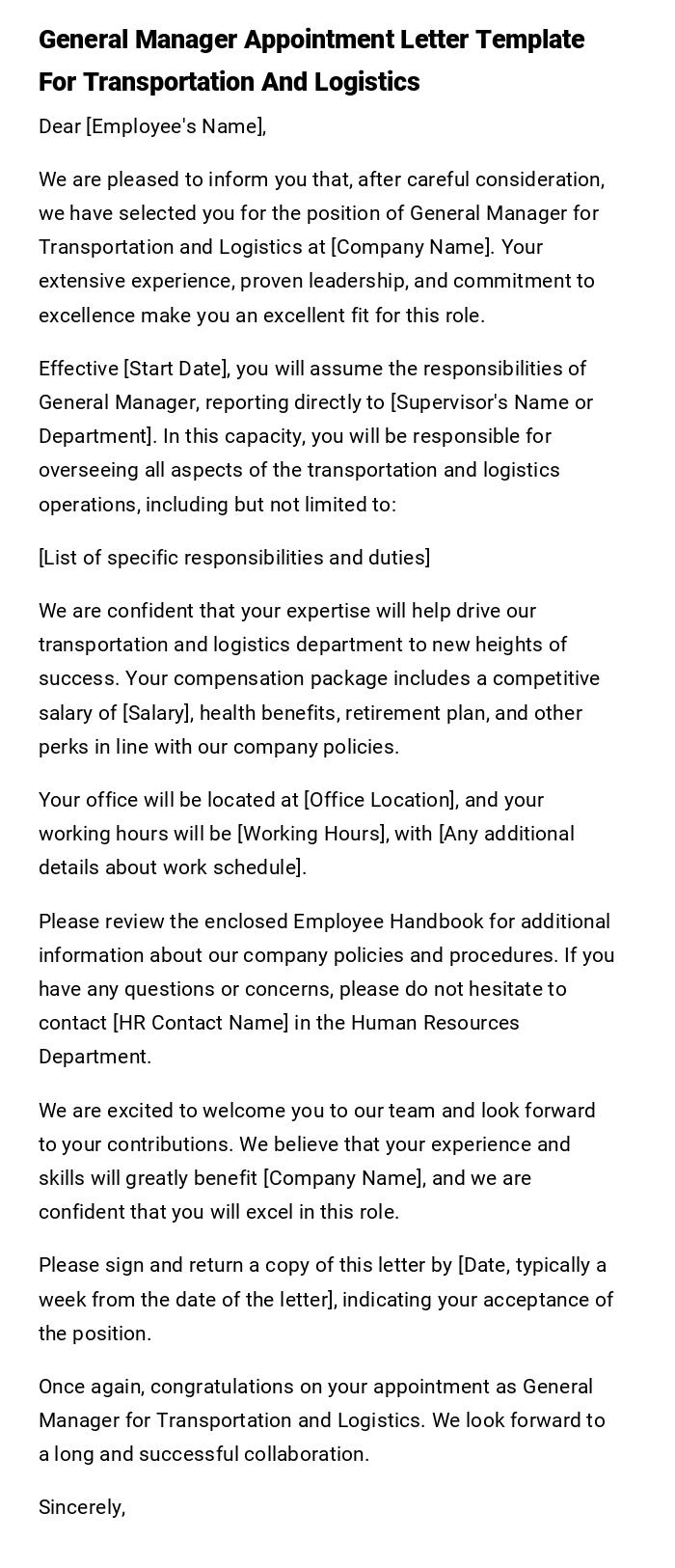 General Manager Appointment Letter Template For Transportation And Logistics