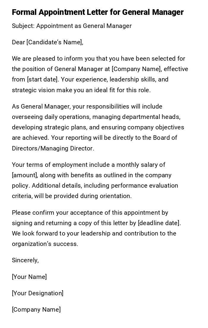 Formal Appointment Letter for General Manager Formal Appointment Letter for General Manager