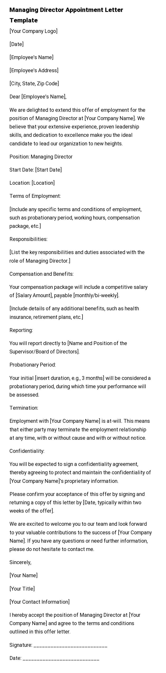 Managing Director Appointment Letter Template
