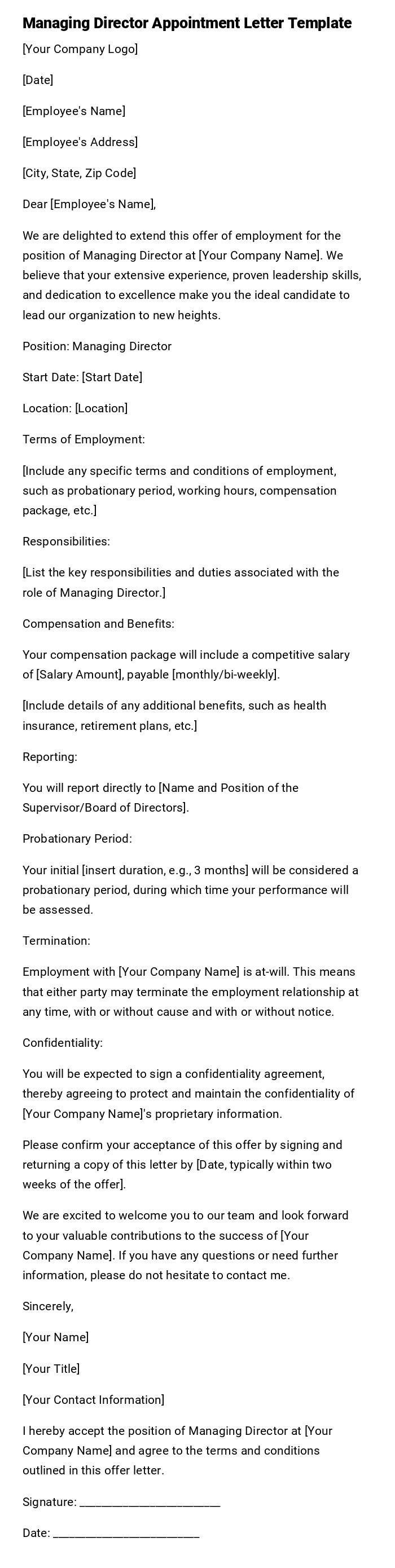 Managing Director Appointment Letter Template