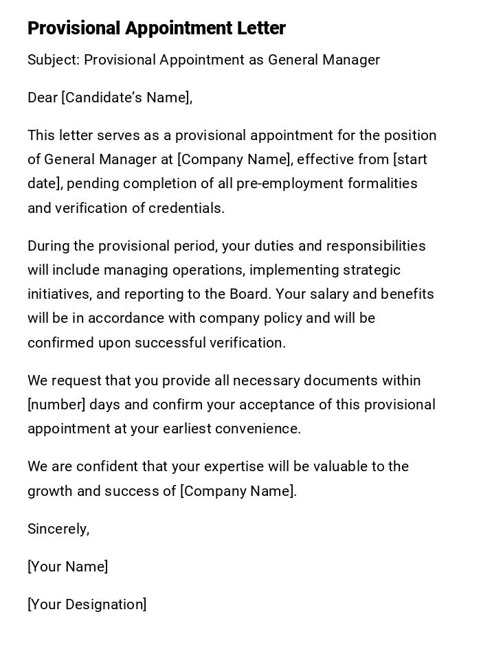 Provisional Appointment Letter Provisional Appointment Letter