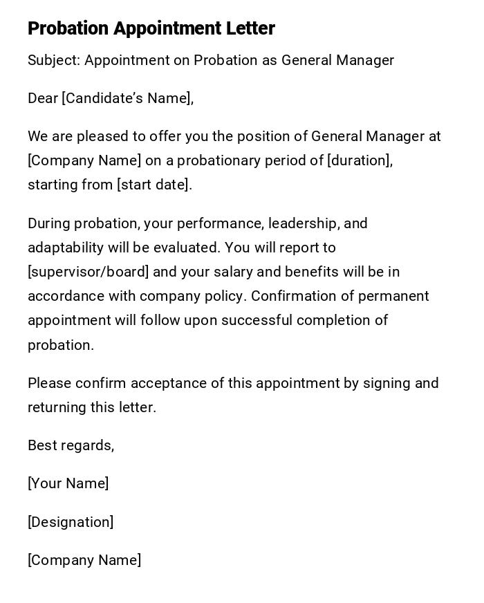 Probation Appointment Letter Probation Appointment Letter