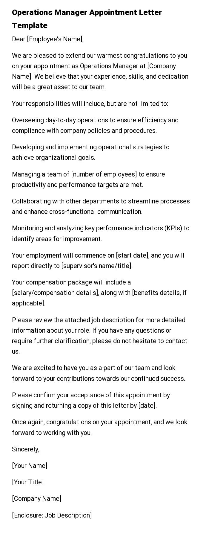 Operations Manager Appointment Letter Template