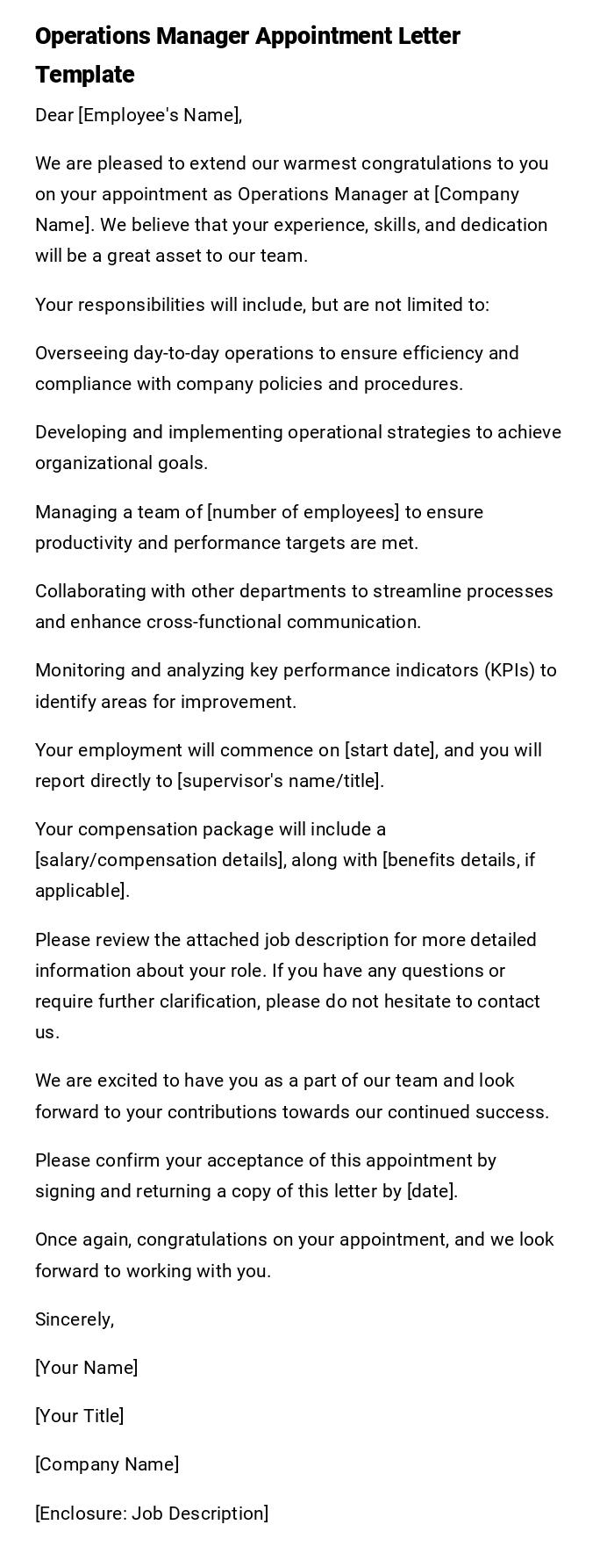 Operations Manager Appointment Letter Template