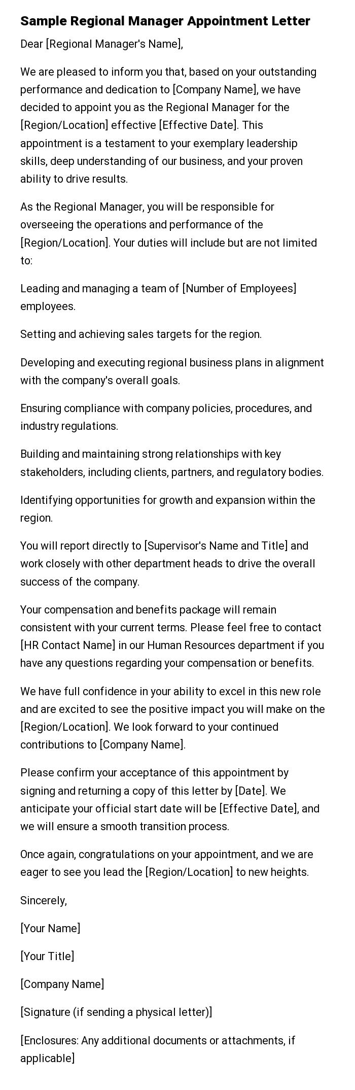 Sample Regional Manager Appointment Letter