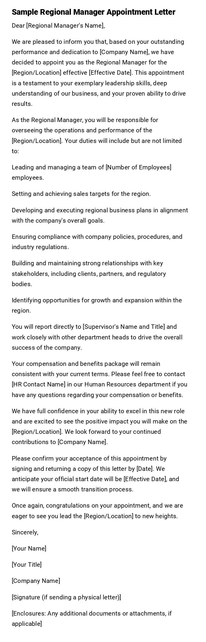 Sample Regional Manager Appointment Letter