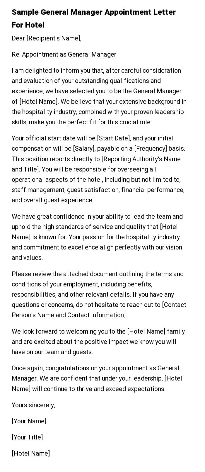 Sample General Manager Appointment Letter For Hotel