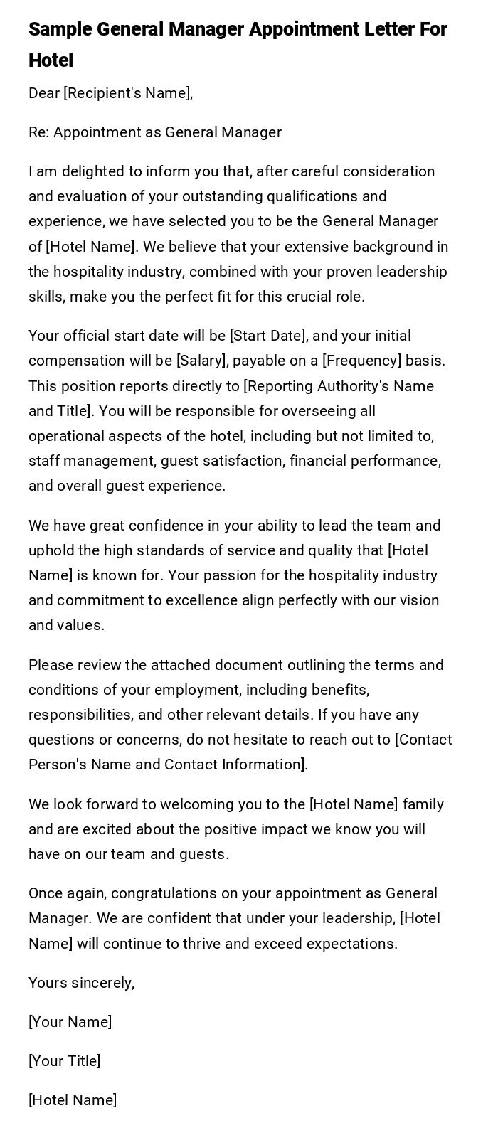 Sample General Manager Appointment Letter For Hotel