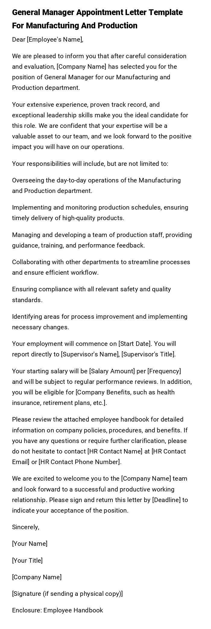 General Manager Appointment Letter Template For Manufacturing And Production