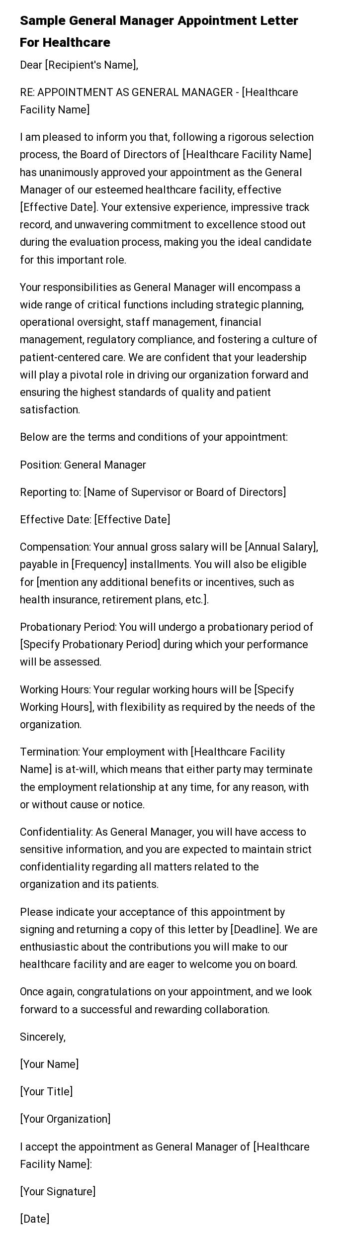 Sample General Manager Appointment Letter For Healthcare