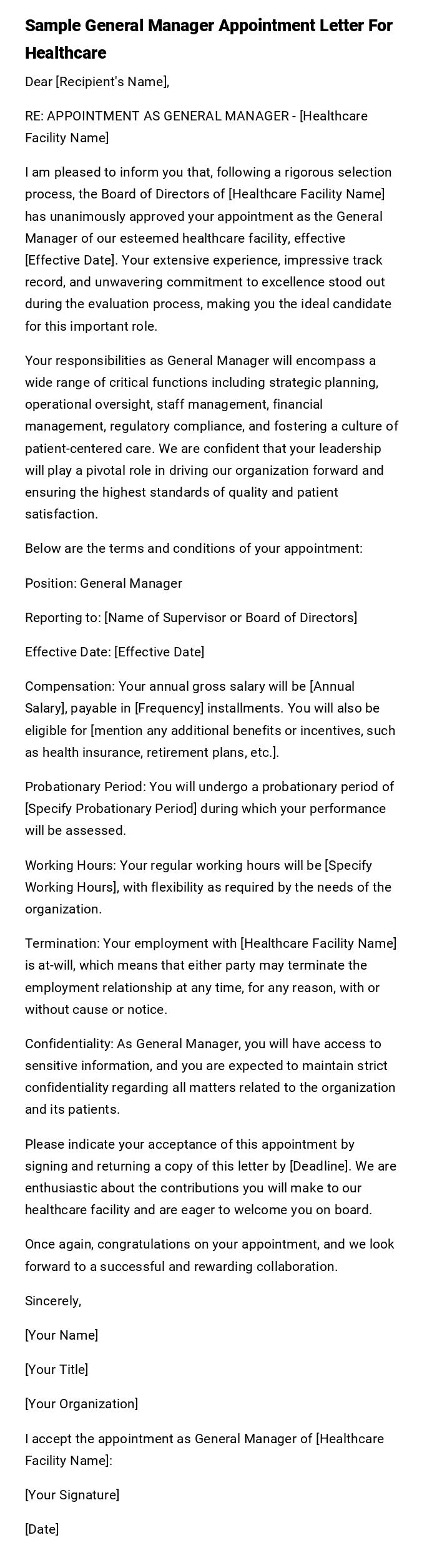 Sample General Manager Appointment Letter For Healthcare