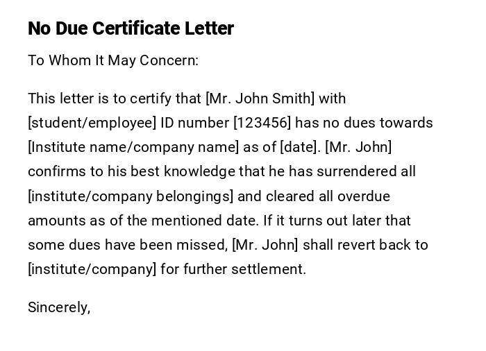 No Due Certificate Letter No Due Certificate Letter