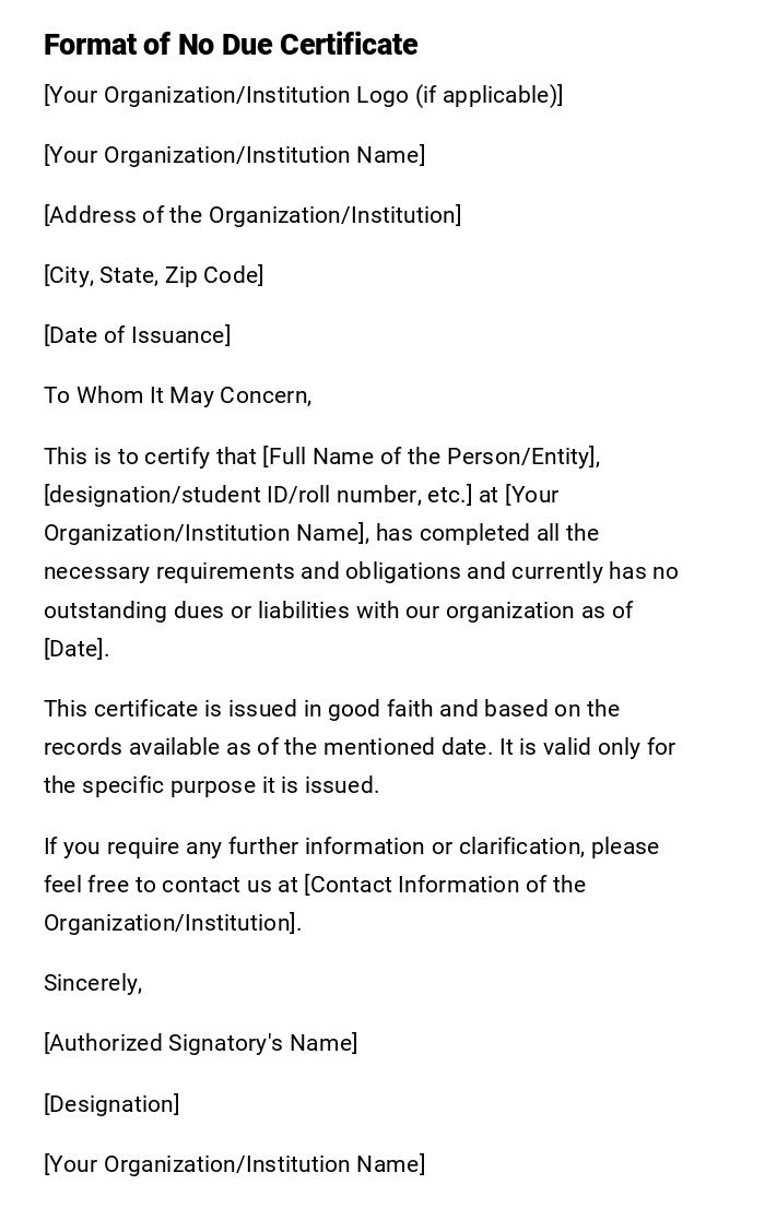 Format of No Due Certificate Format of No Due Certificate