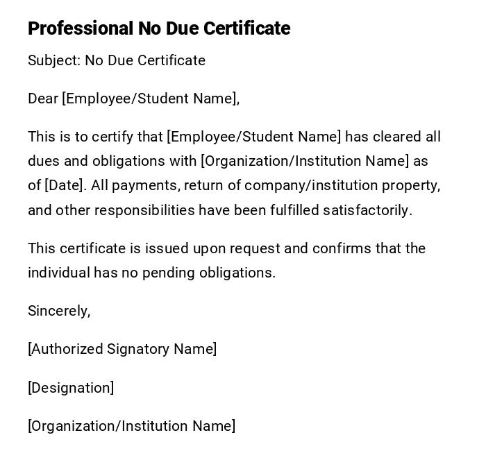 Professional No Due Certificate Professional No Due Certificate