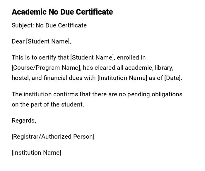 Academic No Due Certificate Academic No Due Certificate