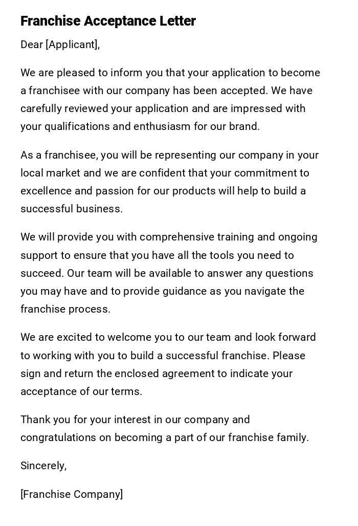 Franchise Acceptance Letter