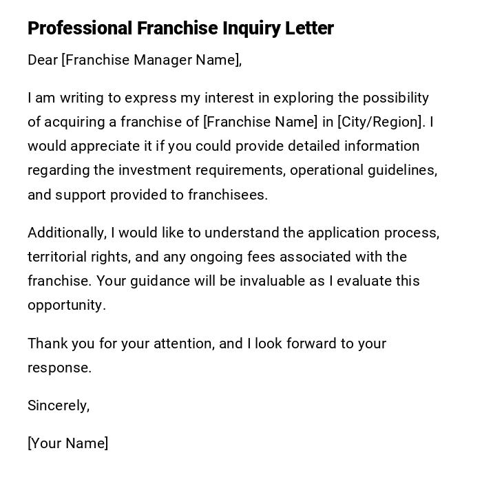 Professional Franchise Inquiry Letter Professional Franchise Inquiry Letter