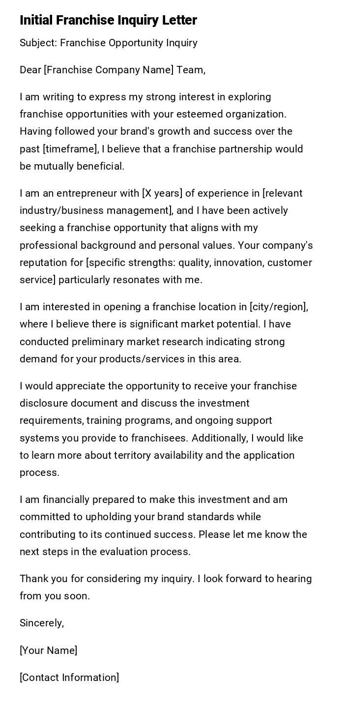 Initial Franchise Inquiry Letter