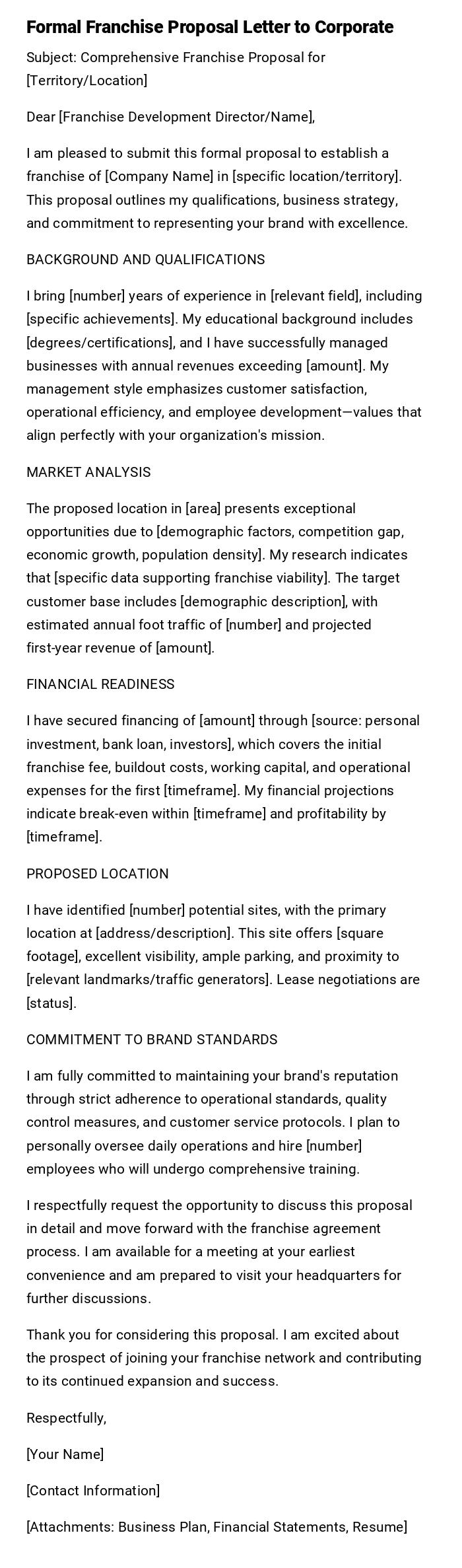 Formal Franchise Proposal Letter to Corporate