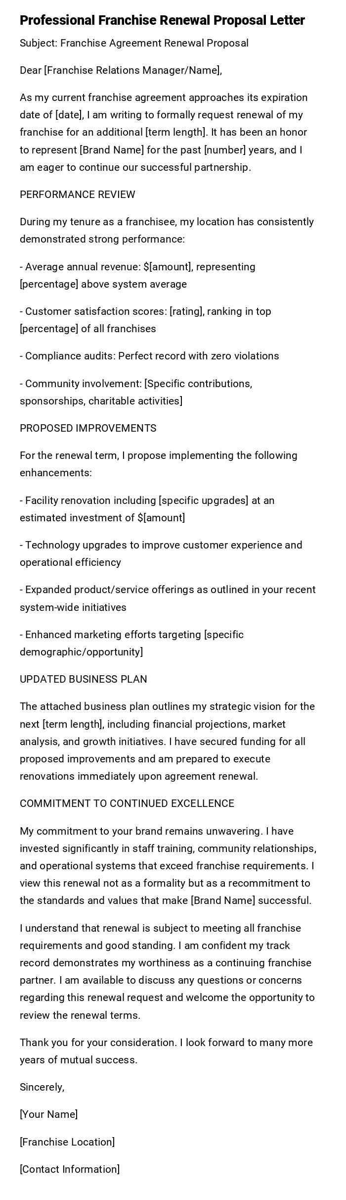 Professional Franchise Renewal Proposal Letter
