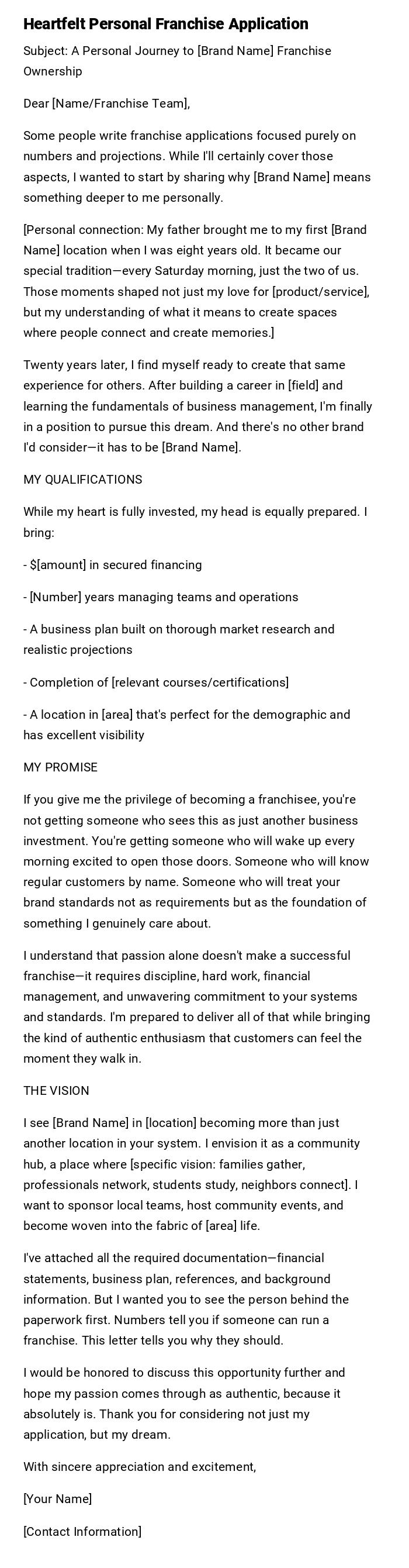 Heartfelt Personal Franchise Application